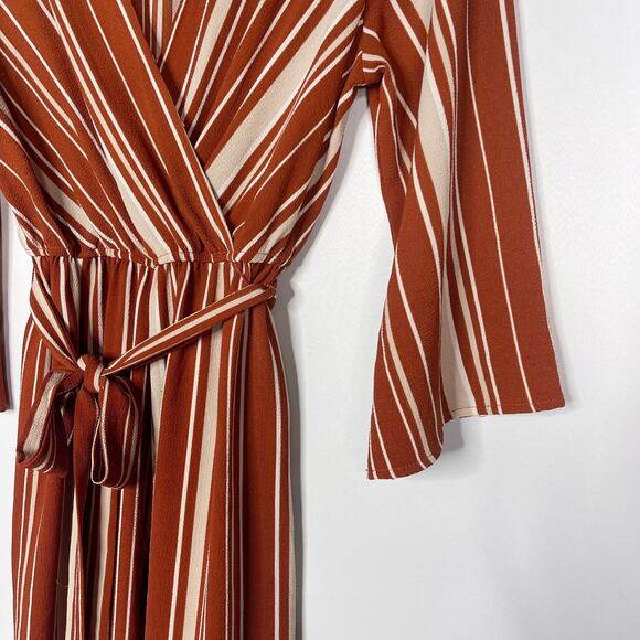Miami Medium Rust Orange Cream Striped Jumpsuit Tie Waist VNeck Wrap Francescas - Picture 8 of 12